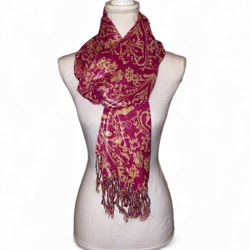 KARMA SCARF Shawl Wrap Fringe Paisley & Floral Pattern Pink and Beige
74” x 23” - Picture 4 of 9